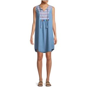 NEIMAN MARCUS Chambray Embellished Sleeveless Dress